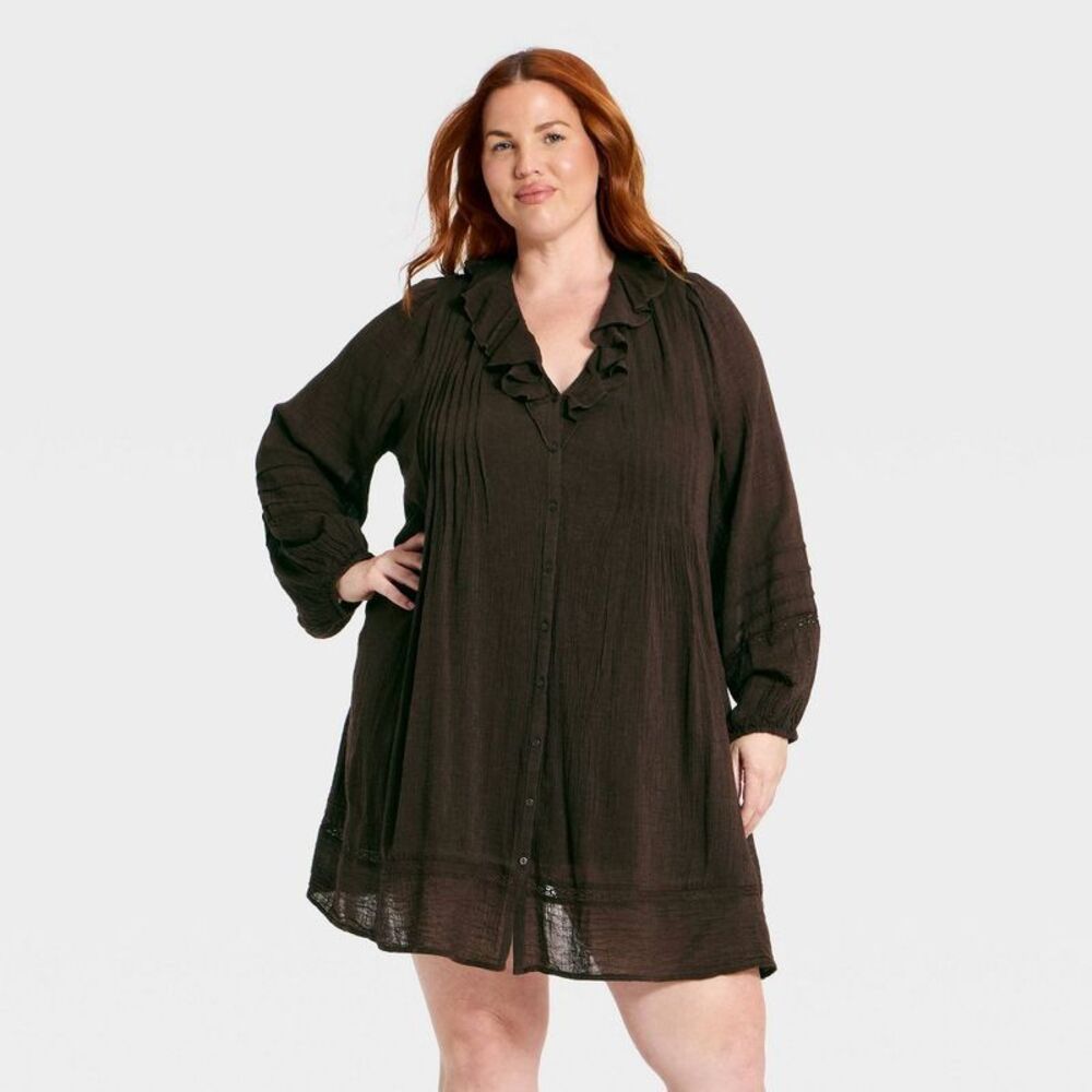 Women's Long Sleeve Ruffle Mini Dress - Universal Thread Brown XXL